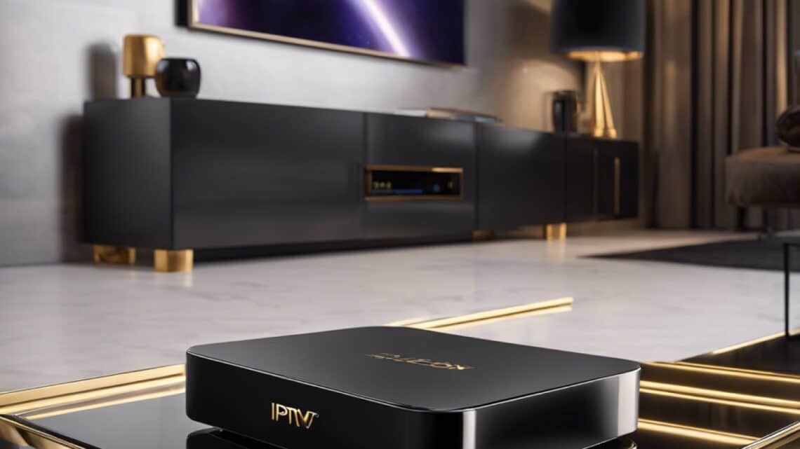 Boîtier IPTV élégant placé sur une table basse, dans un salon moderne au design luxueux avec des finitions noires et dorées. En arrière-plan, une grande télévision murale et un meuble audio-visuel contemporain renforcent l'ambiance raffinée.
