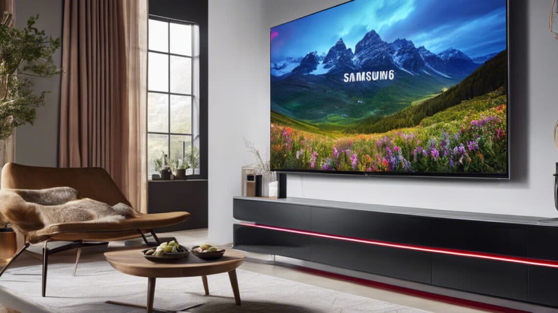 Salon moderne avec un grand téléviseur Samsung affichant un paysage de montagne en haute définition. Le téléviseur est fixé au mur au-dessus d'un meuble noir, avec une lumière LED rouge en dessous. Une chaise confortable en tissu avec une couverture est placée à côté d'une grande fenêtre, apportant une ambiance chaleureuse à la pièce.