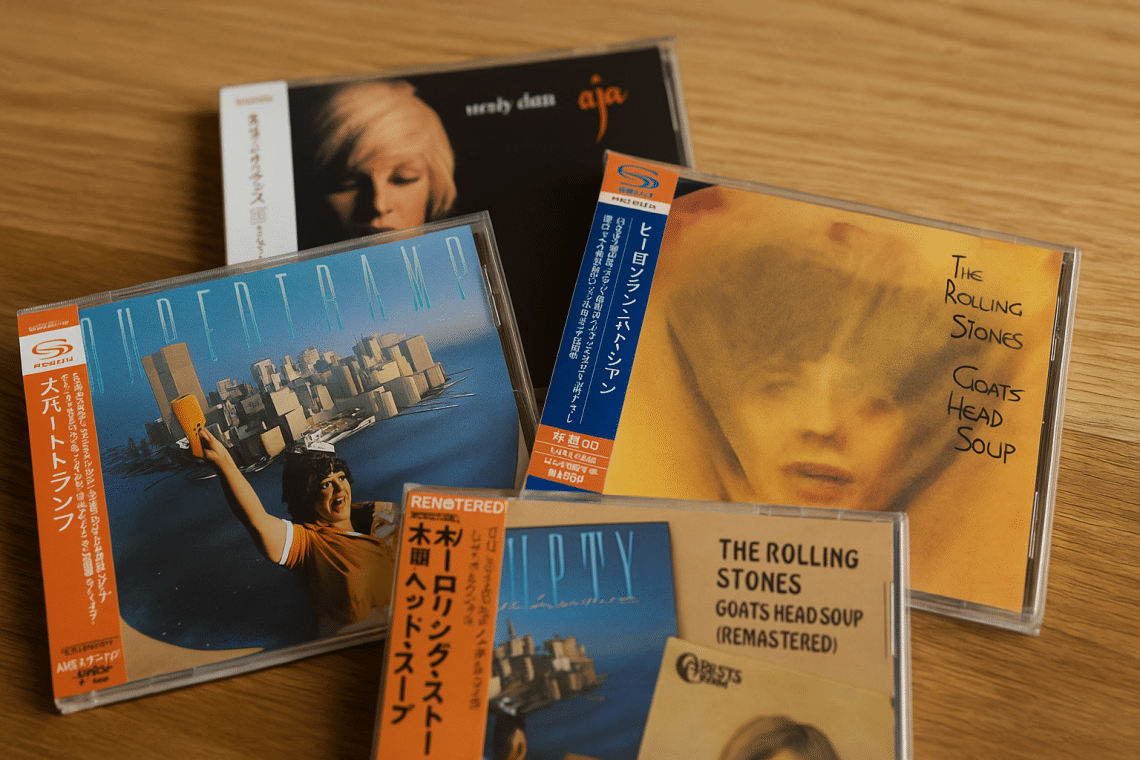 Quatre CD japonais authentiques avec OBI strips posés sur une table en bois, illustrant des éditions audiophiles.