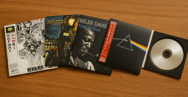 Mini LP CD japonais avec pochettes vinyle miniatures, soigneusement alignés sur une table, illustrant le format collector.