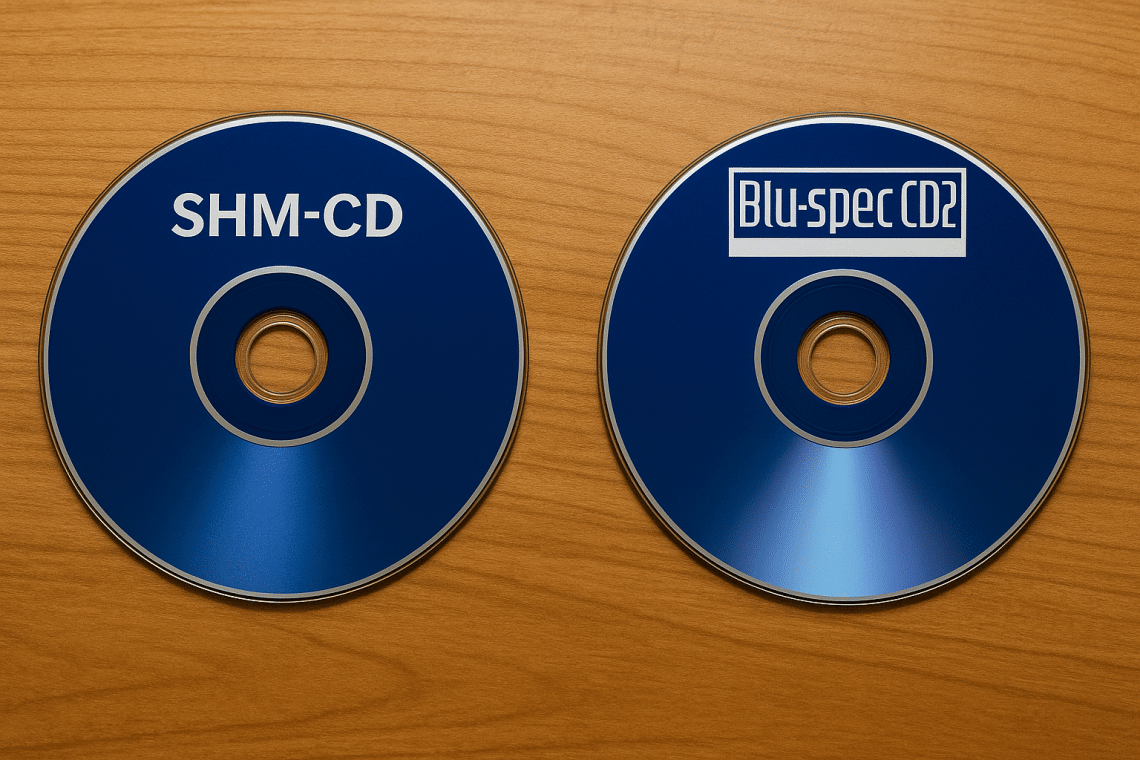 Deux CD japonais audiophiles posés côte à côte, illustrant les formats SHM-CD et Blu-spec CD2.