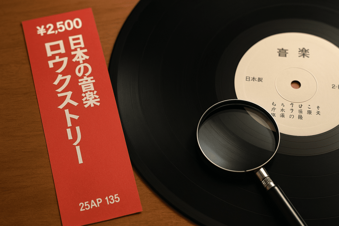 Vinyle japonais avec OBI rouge et matrice observée à la loupe sur une table en bois.