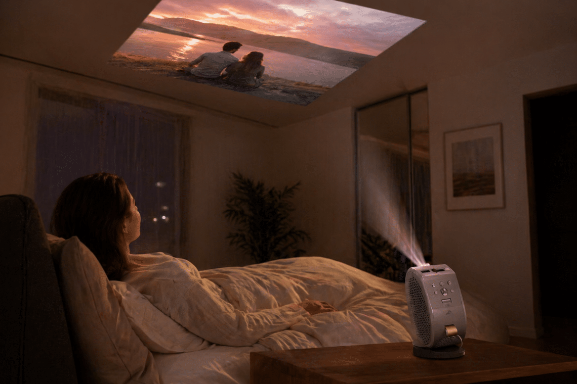 BenQ GV50 posé sur une table de nuit et orienté vers le plafond pour regarder un film depuis un lit