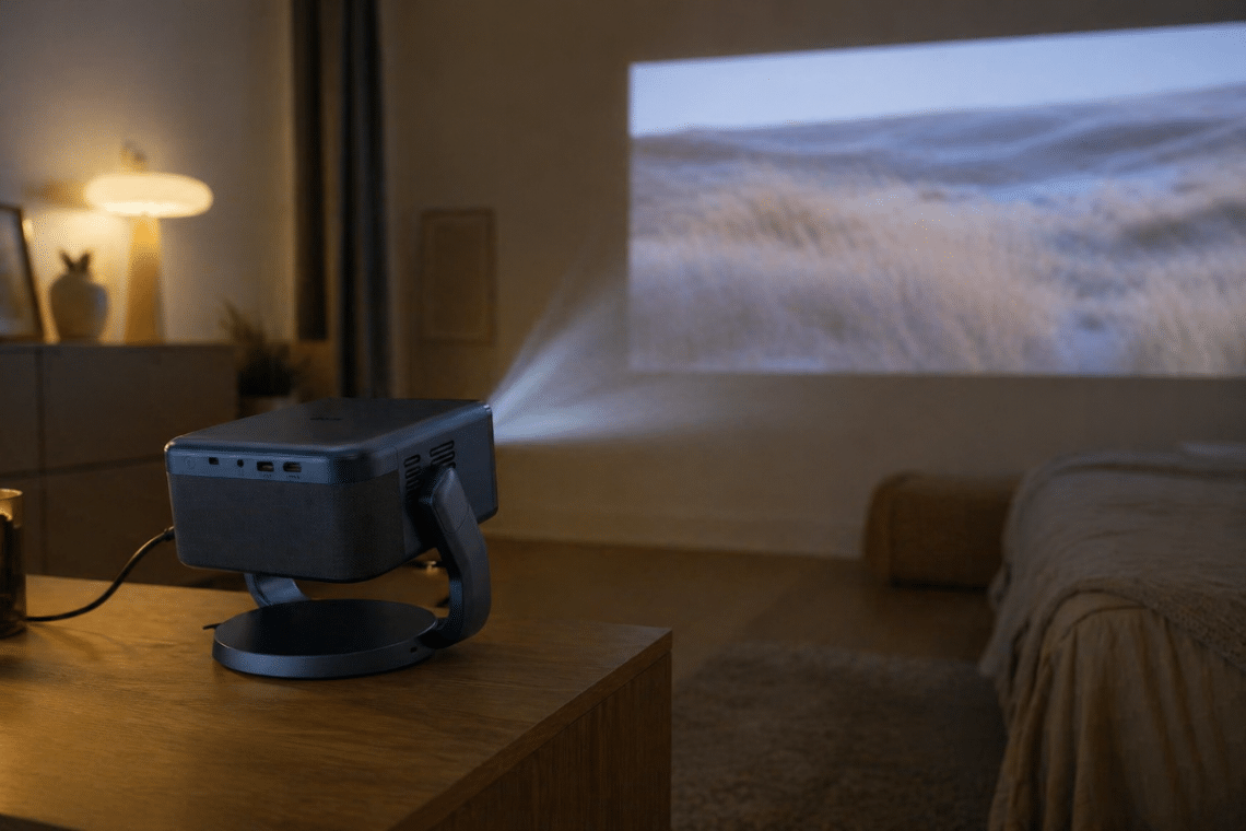 Vidéoprojecteur Epson EF-22N posé sur un meuble bas, branché au secteur et projetant une image sur un mur dans une pièce assombrie