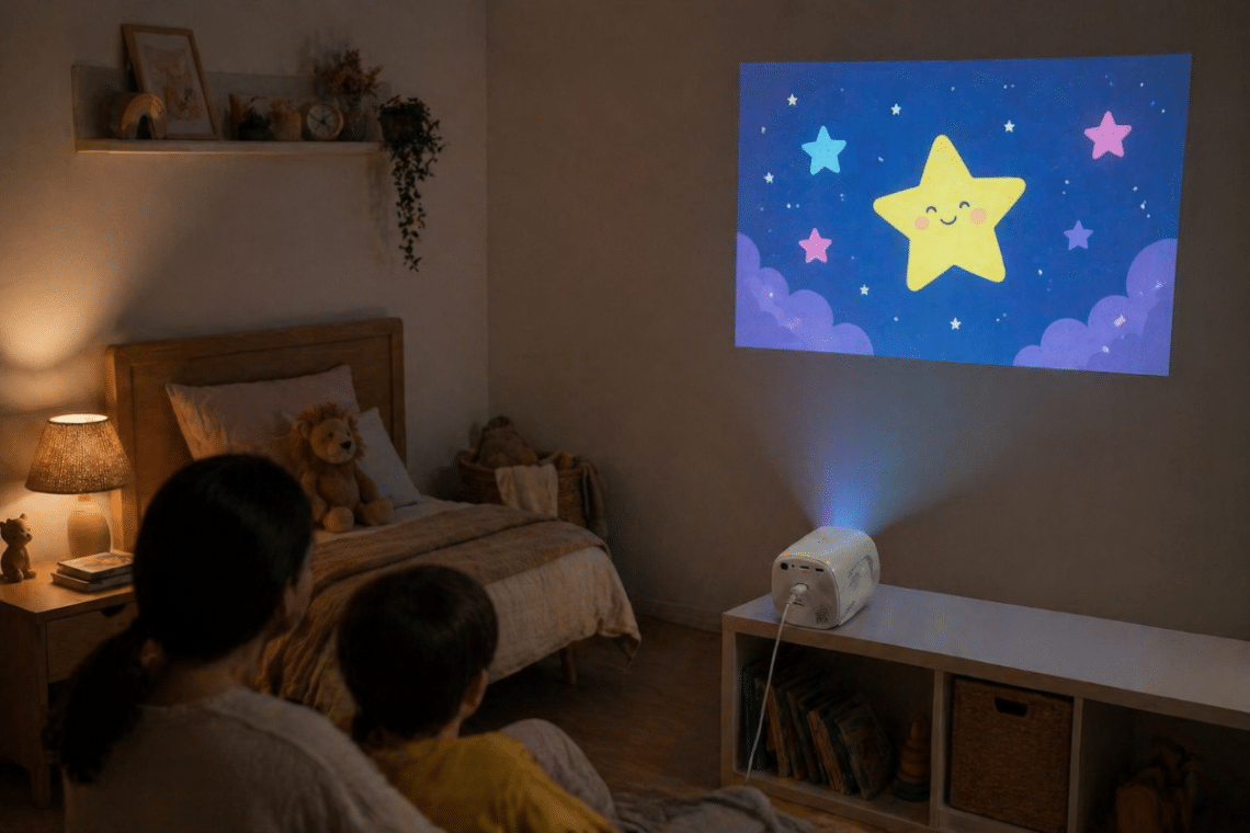 Mini vidéoprojecteur PHILIPS NeoPix 130W posé dans une chambre familiale, projetant un dessin animé sur un mur le soir