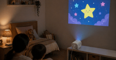 Mini vidéoprojecteur PHILIPS NeoPix 130W posé dans une chambre familiale, projetant un dessin animé sur un mur le soir