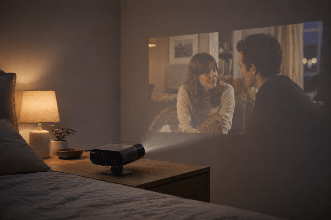 Philips NeoPix 160 Smart posé sur une table de nuit et projetant une série sur le mur d’une chambre sombre