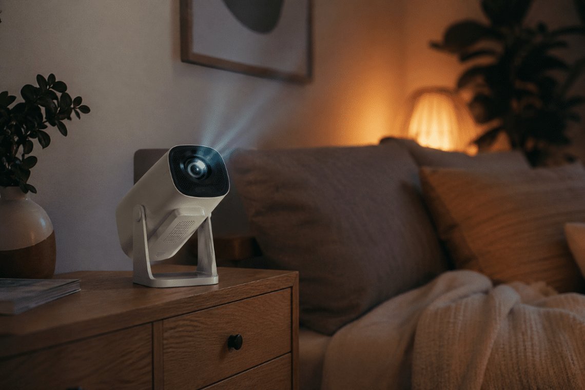 Mini vidéoprojecteur PHILIPS NeoPix 250 Smart posé sur un meuble bas et incliné vers un mur dans une chambre