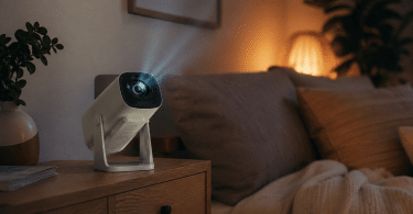 Mini vidéoprojecteur PHILIPS NeoPix 250 Smart posé sur un meuble bas et incliné vers un mur dans une chambre