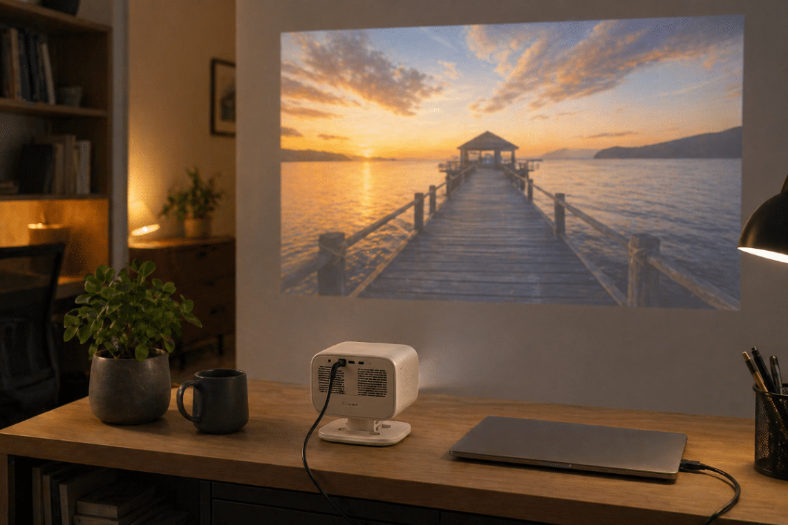 Mini vidéoprojecteur Philips NeoPix 444 posé sur un bureau, branché à un ordinateur portable et projetant une image sur un mur dans un bureau domestique