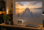 Mini vidéoprojecteur Philips NeoPix 444 posé sur un bureau, branché à un ordinateur portable et projetant une image sur un mur dans un bureau domestique