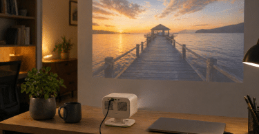 Mini vidéoprojecteur Philips NeoPix 444 posé sur un bureau, branché à un ordinateur portable et projetant une image sur un mur dans un bureau domestique