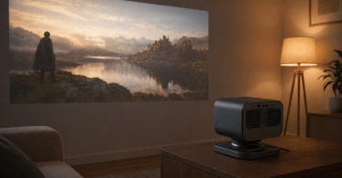Mini vidéoprojecteur Philips NeoPix 450 Smart posé sur un meuble bas dans un petit salon assombri, avec une image projetée sur un mur blanc
