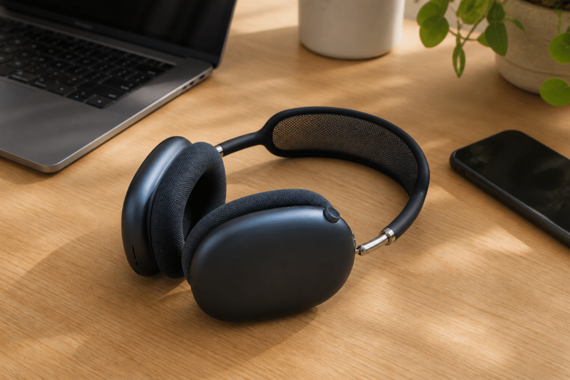 Apple AirPods Max 2 posés sur un bureau clair avec MacBook et iPhone en arrière-plan, dans un environnement de travail sobre