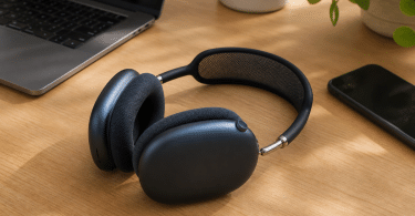 Apple AirPods Max 2 posés sur un bureau clair avec MacBook et iPhone en arrière-plan, dans un environnement de travail sobre