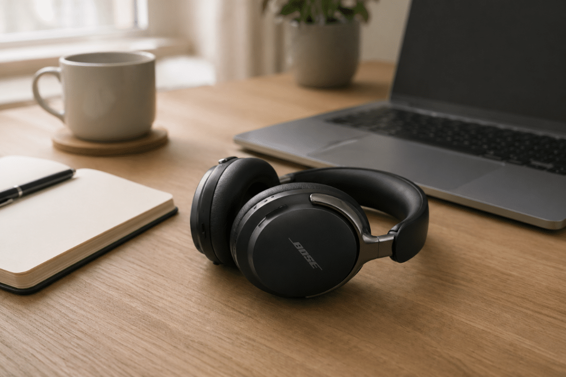 Bose QuietComfort Ultra Headphones posé sur un bureau calme avec ordinateur portable, carnet et tasse, dans un environnement de travail apaisé
