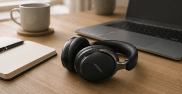 Bose QuietComfort Ultra Headphones posé sur un bureau calme avec ordinateur portable, carnet et tasse, dans un environnement de travail apaisé