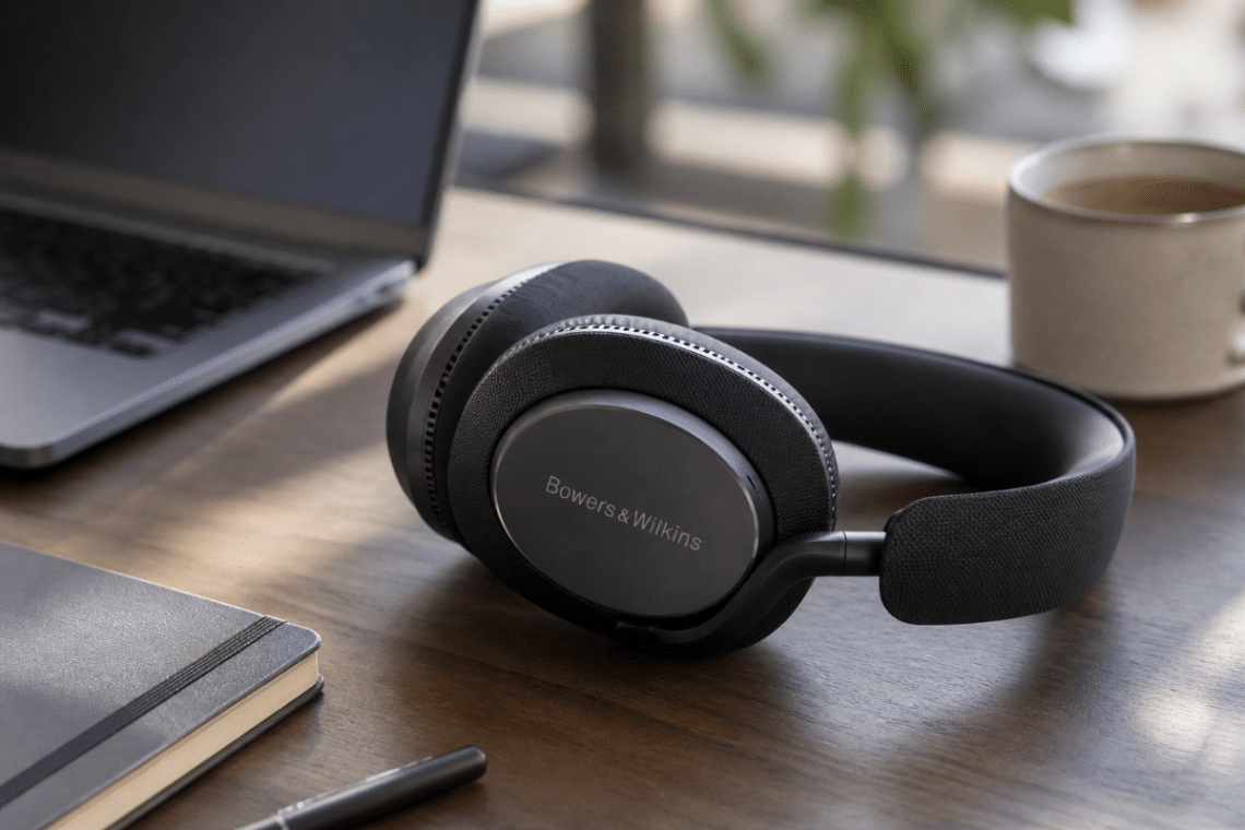 Bowers & Wilkins Px7 S3 posé sur un bureau moderne avec ordinateur portable, carnet et tasse en arrière-plan