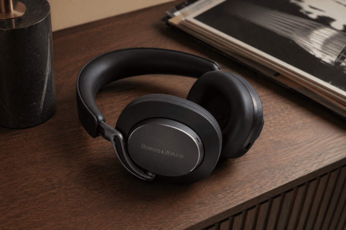 Bowers & Wilkins Px8 S2 posé sur un meuble en bois dans un environnement domestique