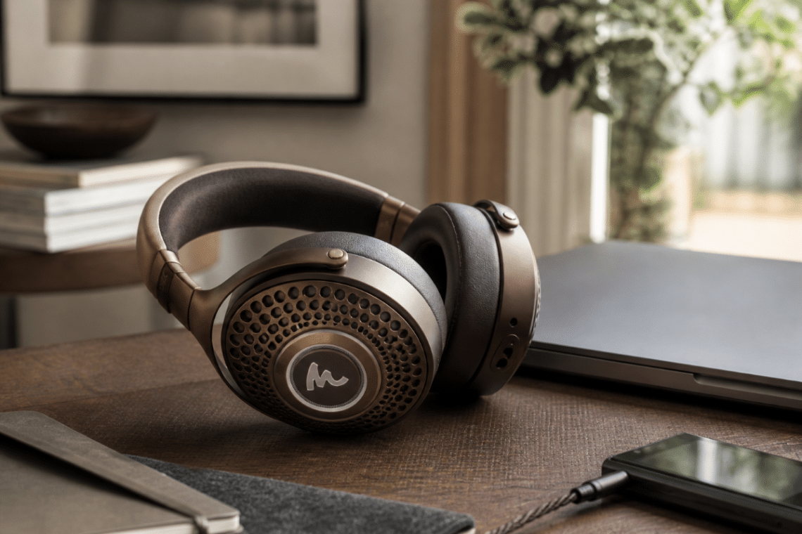 Casque Focal Bathys MG posé sur un bureau à côté d’un ordinateur portable et d’un smartphone, dans une ambiance d’écoute premium à la maison