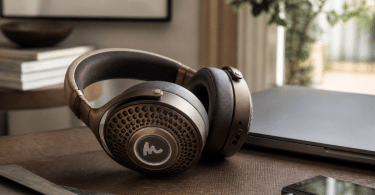 Casque Focal Bathys MG posé sur un bureau à côté d’un ordinateur portable et d’un smartphone, dans une ambiance d’écoute premium à la maison
