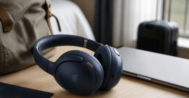 Casque JBL Tour One M3 posé sur une table avec ordinateur portable et accessoires de voyage
