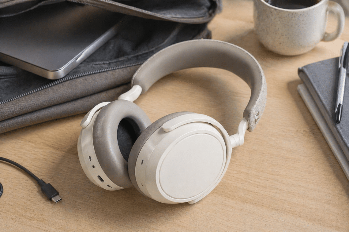 Sennheiser Momentum 4 Wireless posé sur une table avec câble USB-C et sac ouvert, dans un environnement de travail ou de déplacement