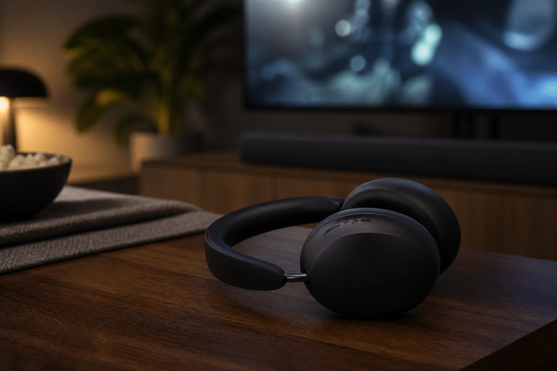 Casque Sonos Ace noir posé sur une table basse devant une télévision floue et une barre de son dans un salon tamisé
