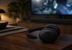 Casque Sonos Ace noir posé sur une table basse devant une télévision floue et une barre de son dans un salon tamisé