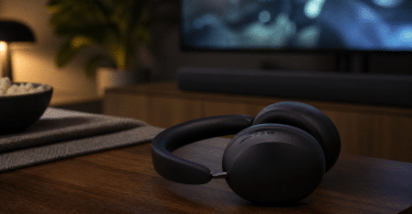 Casque Sonos Ace noir posé sur une table basse devant une télévision floue et une barre de son dans un salon tamisé