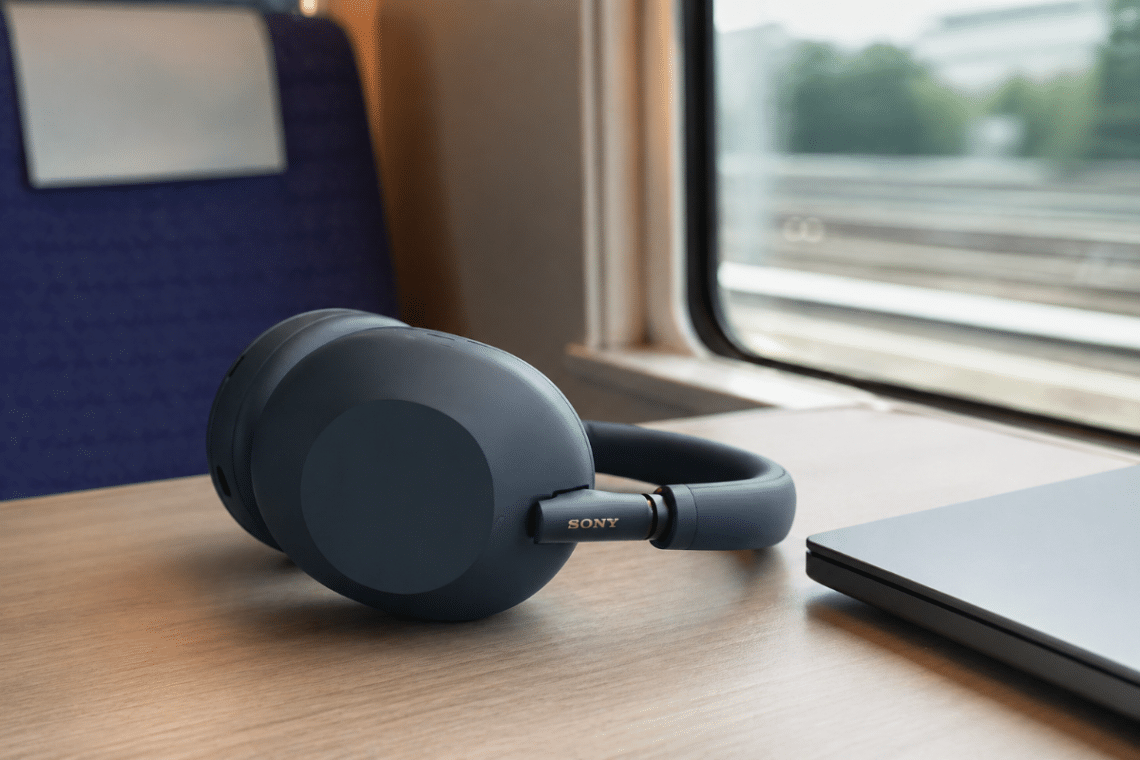 Sony WH-1000XM6 posé sur une tablette de train près d’un ordinateur portable, dans une scène de voyage réaliste
